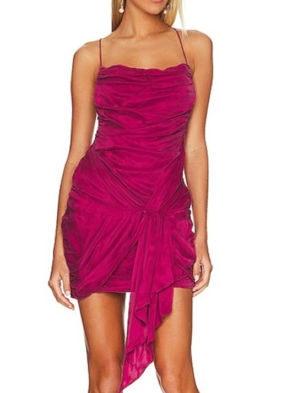 For Love And Lemons Magenta Ruched Mini Dress with Draped Tie Detail